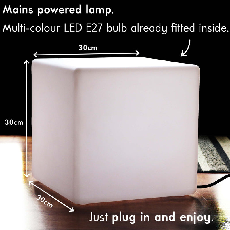 30cm LED Cube RGB Table Lamp, Mains Powered, Colour Changing, Dimmable