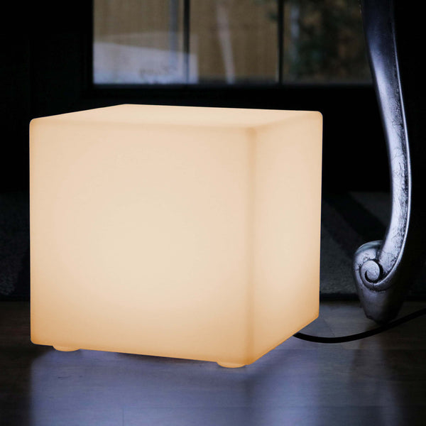 Modern Table Lamp, 30cm LED Cube Bedside Light + Warm White E27 Bulb