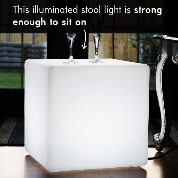 LED Cube Stool Table Light, 40 cm Designer Floor Lamp + White E27 Bulb