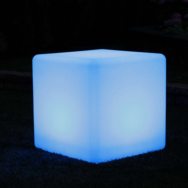 40cm LED cube stool glowing blue