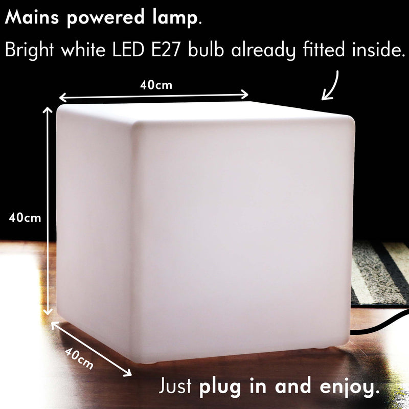 LED Cube Stool Table Light, 40 cm Designer Floor Lamp + White E27 Bulb