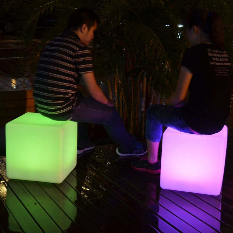 Outdoor LED cube stool with 2 people sitting on them