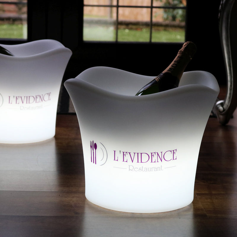 Custom LED Ice Bucket Champagne Wine Cooler with Logo, Unique Branded Table Centre Piece Light Box Sign for Corporate Event Branding