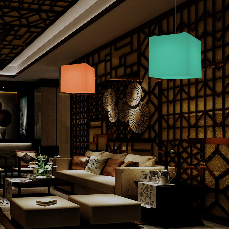 Contemporary Ceiling Light, Cube LED Suspension Lamp, 300 mm, E27, RGB
