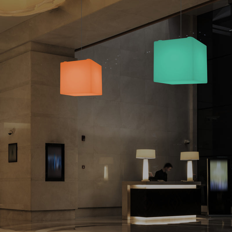 Contemporary Ceiling Light, Cube LED Suspension Lamp, 300 mm, E27, RGB