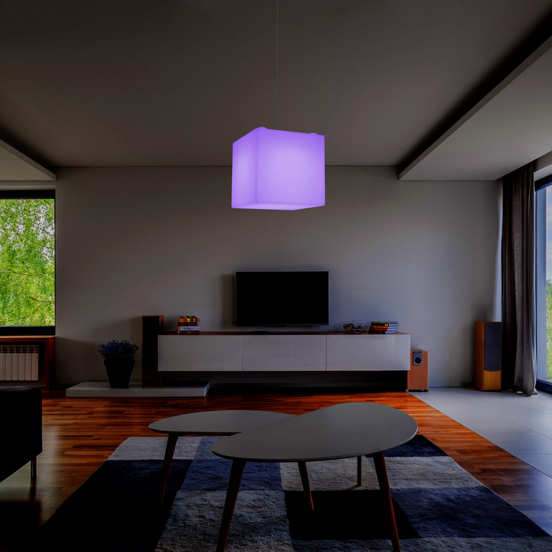 Contemporary Ceiling Light, Cube LED Suspension Lamp, 300 mm, E27, RGB