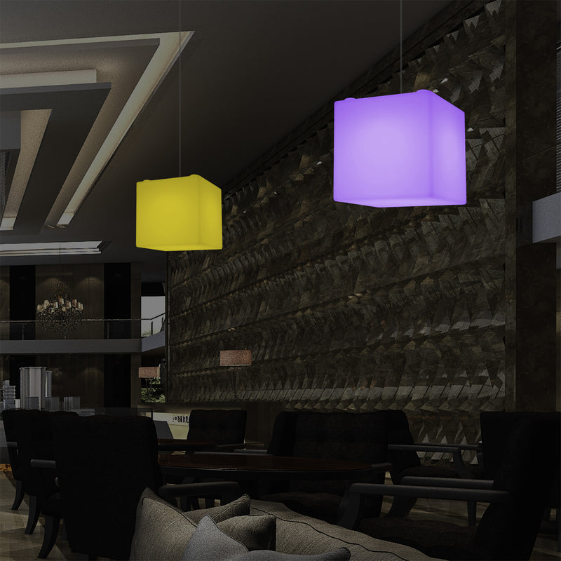 Contemporary Ceiling Light, Cube LED Suspension Lamp, 300 mm, E27, RGB