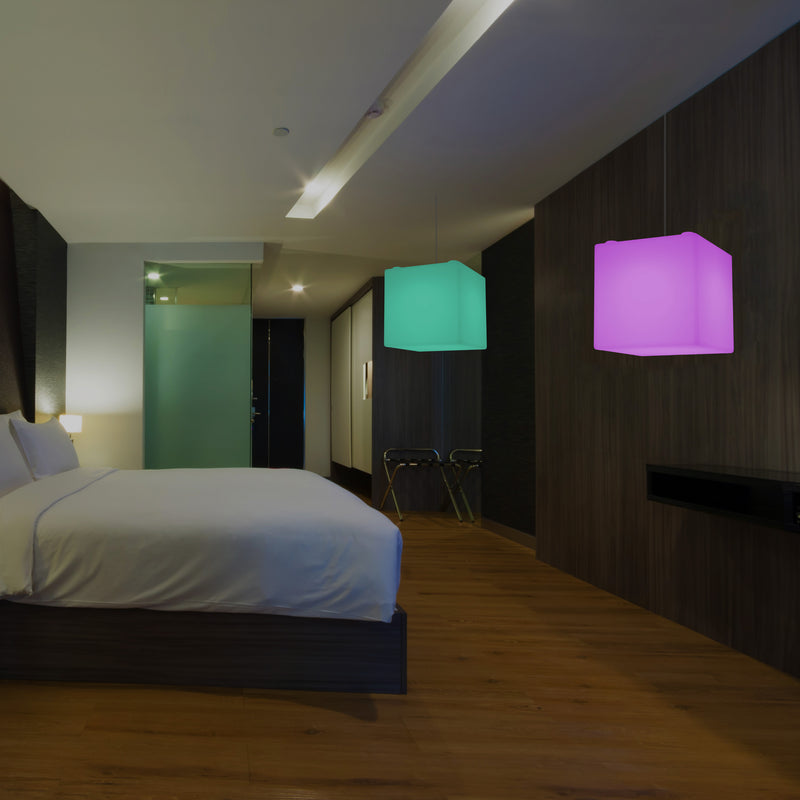 Contemporary Ceiling Light, Cube LED Suspension Lamp, 300 mm, E27, RGB