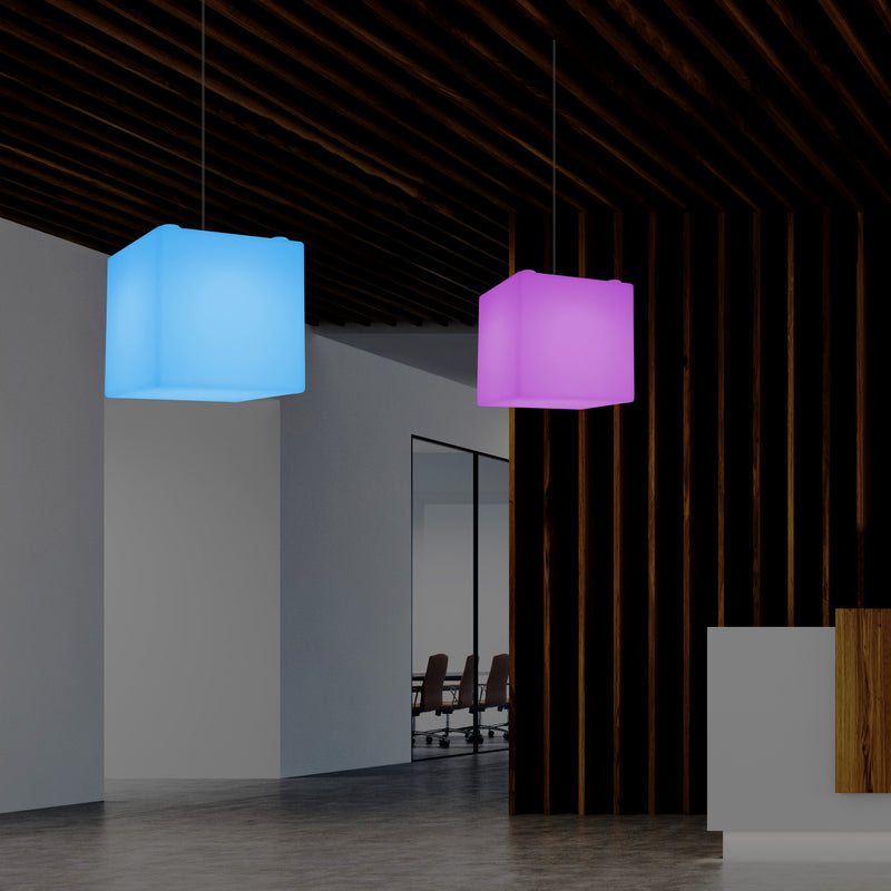 Contemporary Ceiling Light, Cube LED Suspension Lamp, 300 mm, E27, RGB