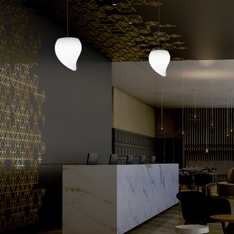 Designer LED Hanging Pendant Light, Unique Tear Drop E27 Suspended Ceiling Lamp, White