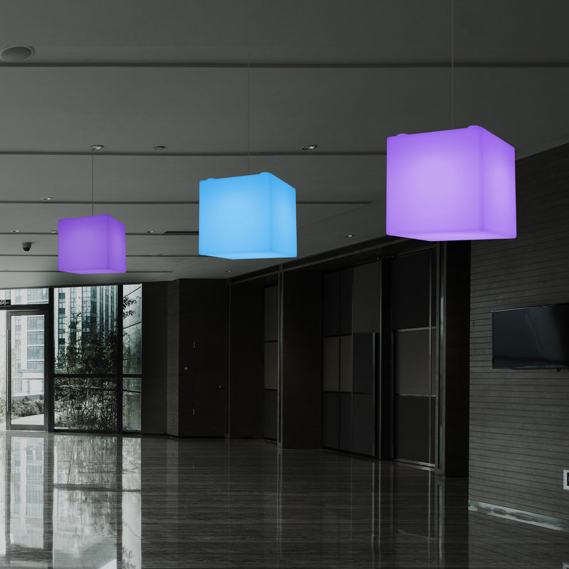 Contemporary Ceiling Light, Cube LED Suspension Lamp, 300 mm, E27, RGB