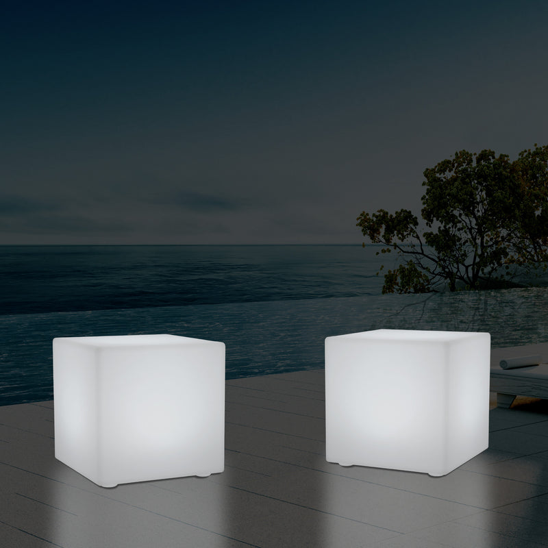 Mains Powered Garden Outdoor 60cm Cube, Illuminated Stool Seat Table Furniture, RGB