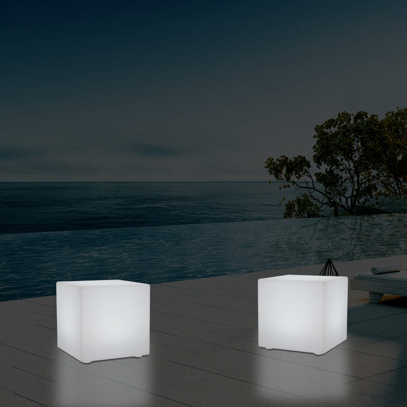 Outdoor LED Cube Stool Seat, Mains Powered Garden Floor Lamp, Multi Colour, 400 x 400 mm