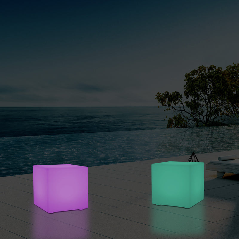 Outdoor LED Cube Stool Seat, Mains Powered Garden Floor Lamp, Multi Colour, 400 x 400 mm