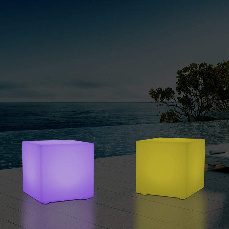 Mains Powered Garden Outdoor 60cm Cube, Illuminated Stool Seat Table Furniture, RGB