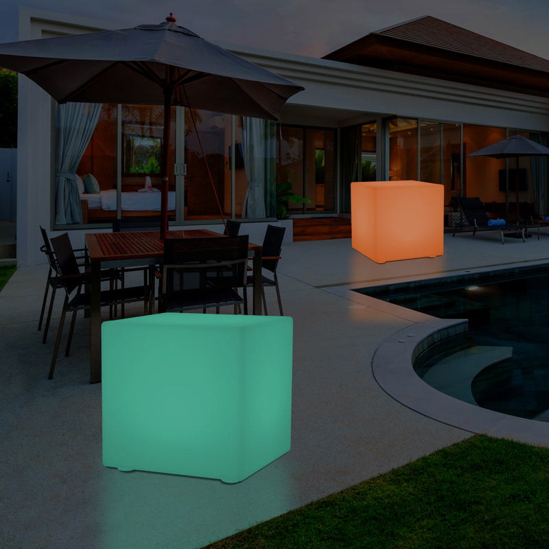 Mains Powered Garden Outdoor 60cm Cube, Illuminated Stool Seat Table Furniture, RGB