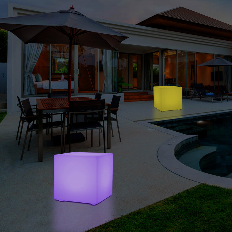50cm External Garden LED Cube Seat Stool Light, 500mm Mains Operated 5V Patio Floor Lamp