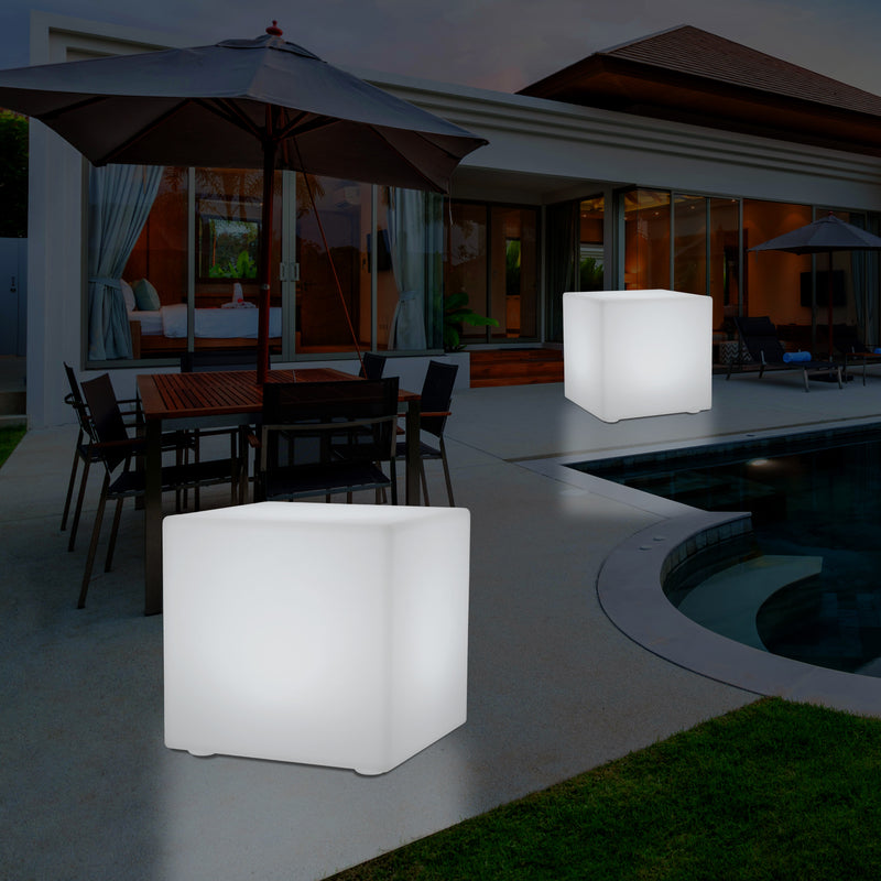 Mains Powered Garden Outdoor 60cm Cube, Illuminated Stool Seat Table Furniture, RGB