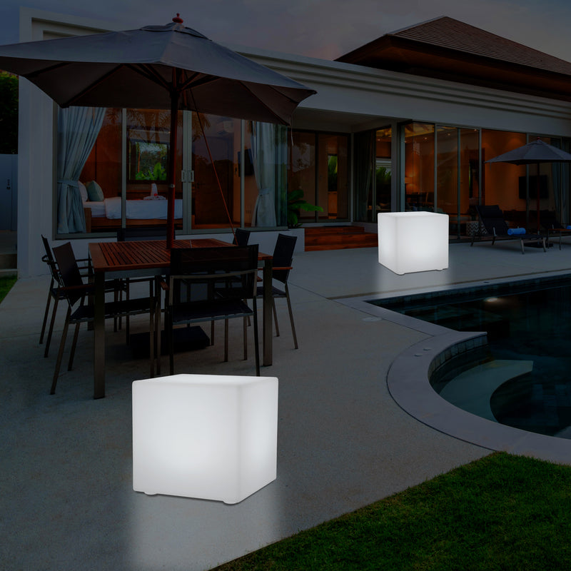 Outdoor LED Cube Stool Seat, Mains Powered Garden Floor Lamp, Multi Colour, 400 x 400 mm