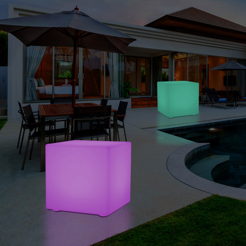 Mains Powered Garden Outdoor 60cm Cube, Illuminated Stool Seat Table Furniture, RGB