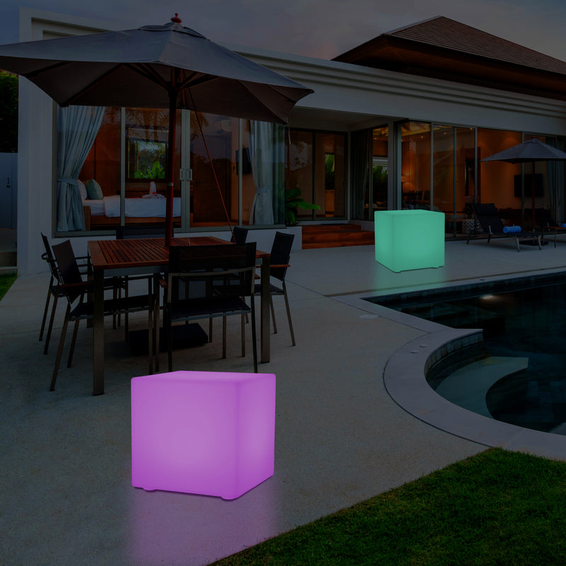 50cm External Garden LED Cube Seat Stool Light, 500mm Mains Operated 5V Patio Floor Lamp
