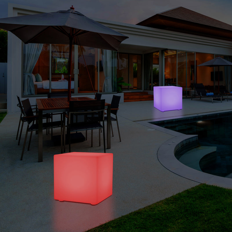 Outdoor LED Cube Stool Seat, Mains Powered Garden Floor Lamp, Multi Colour, 400 x 400 mm