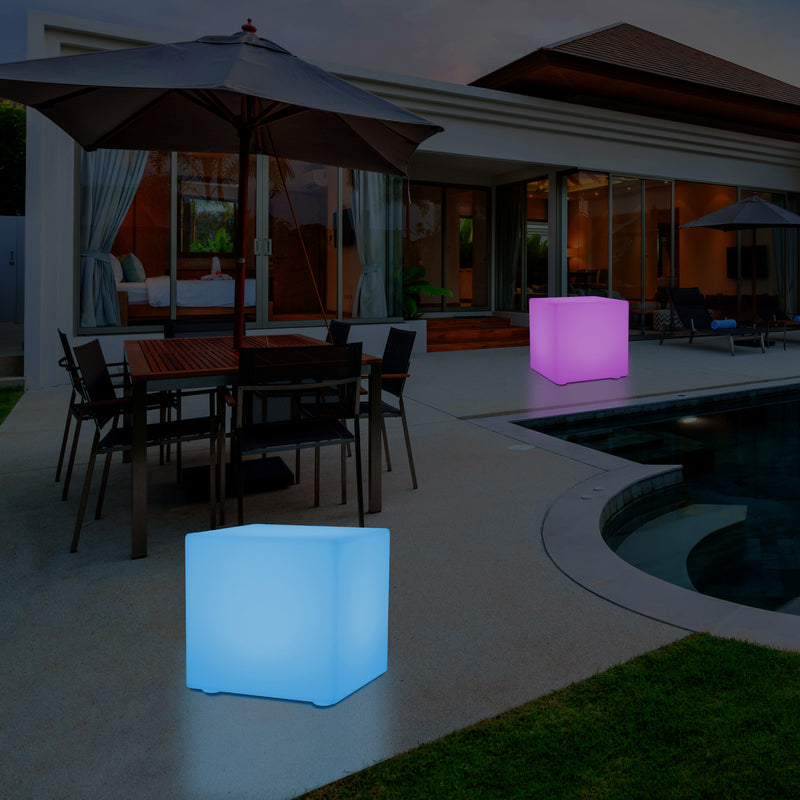 Outdoor LED Cube Stool Seat, Mains Powered Garden Floor Lamp, Multi Colour, 400 x 400 mm