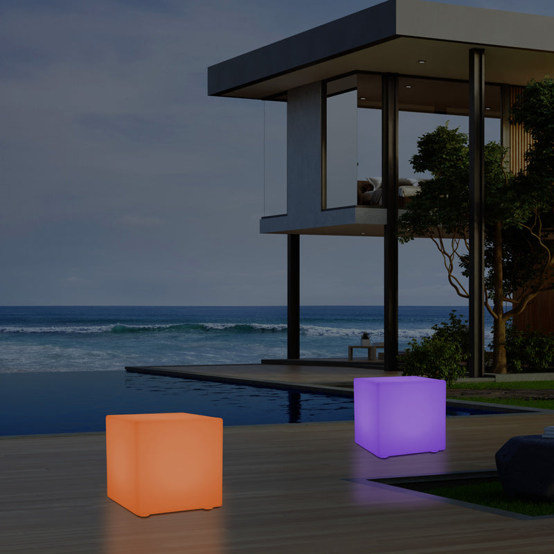 50cm External Garden LED Cube Seat Stool Light, 500mm Mains Operated 5V Patio Floor Lamp