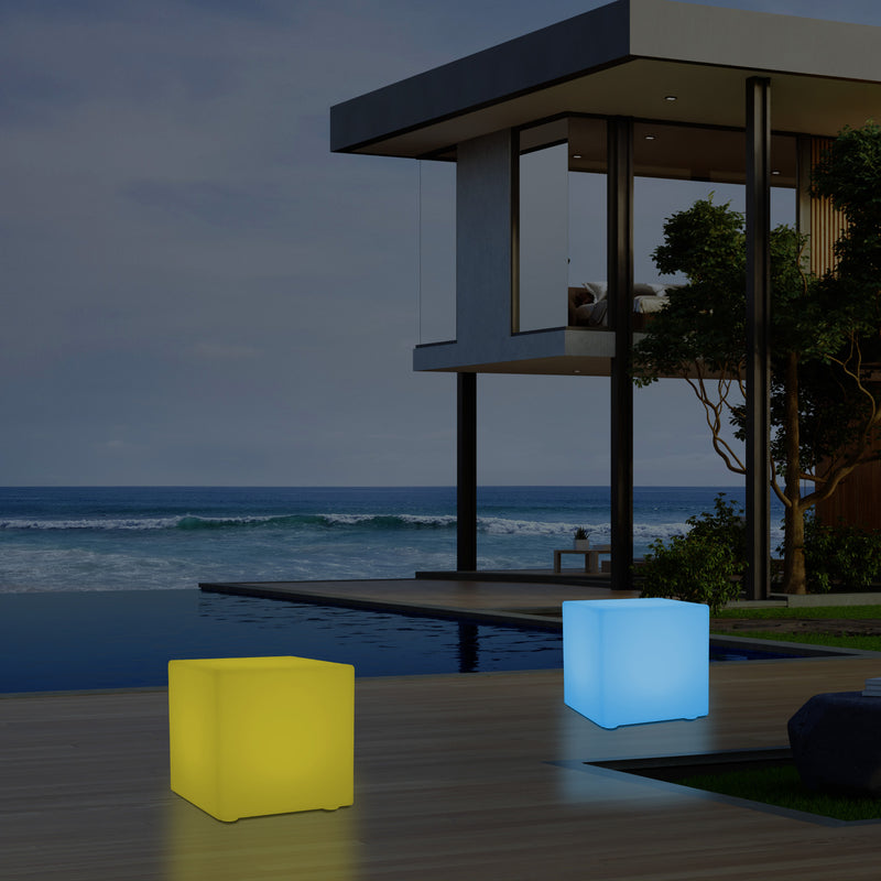 Outdoor LED Cube Stool Seat, Mains Powered Garden Floor Lamp, Multi Colour, 400 x 400 mm
