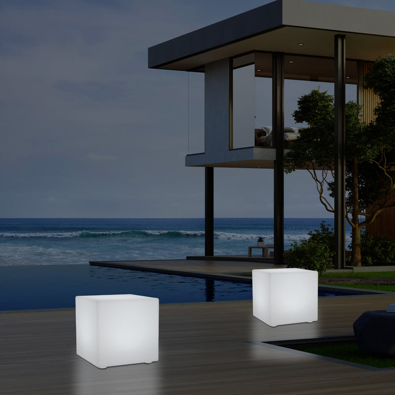 Outdoor LED Cube Stool Seat, Mains Powered Garden Floor Lamp, Multi Colour, 400 x 400 mm