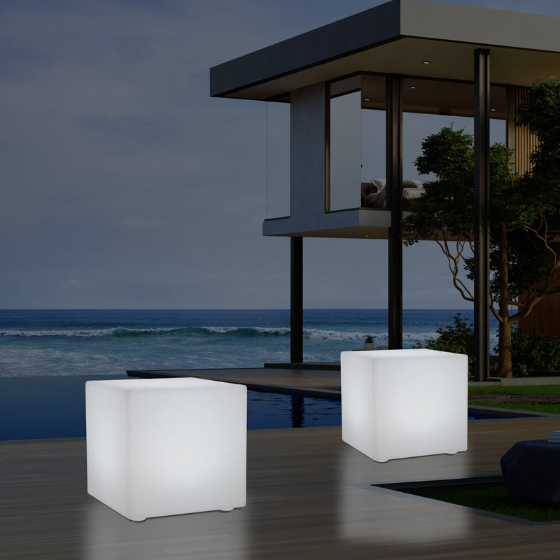 Mains Powered Garden Outdoor 60cm Cube, Illuminated Stool Seat Table Furniture, RGB