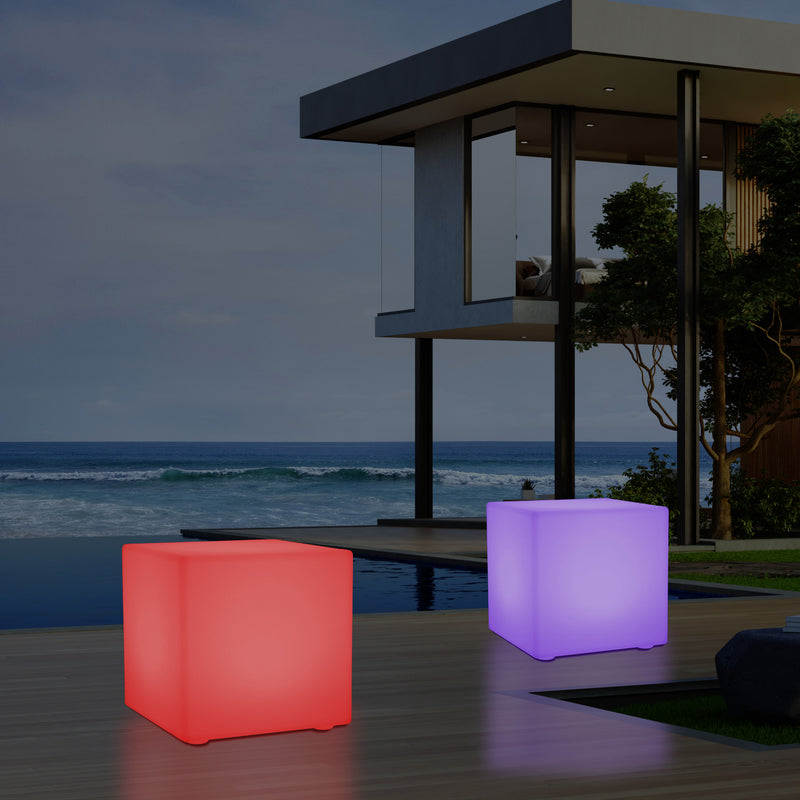 Mains Powered Garden Outdoor 60cm Cube, Illuminated Stool Seat Table Furniture, RGB