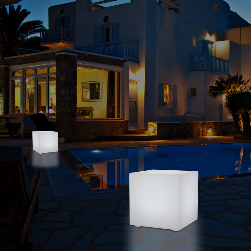 Outdoor LED Cube Stool Seat, Mains Powered Garden Floor Lamp, Multi Colour, 400 x 400 mm