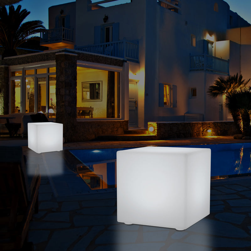Mains Powered Garden Outdoor 60cm Cube, Illuminated Stool Seat Table Furniture, RGB