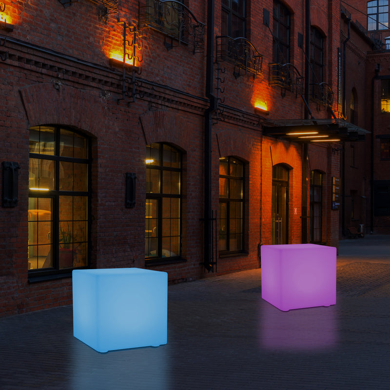 Outdoor LED Cube Stool Seat, Mains Powered Garden Floor Lamp, Multi Colour, 400 x 400 mm