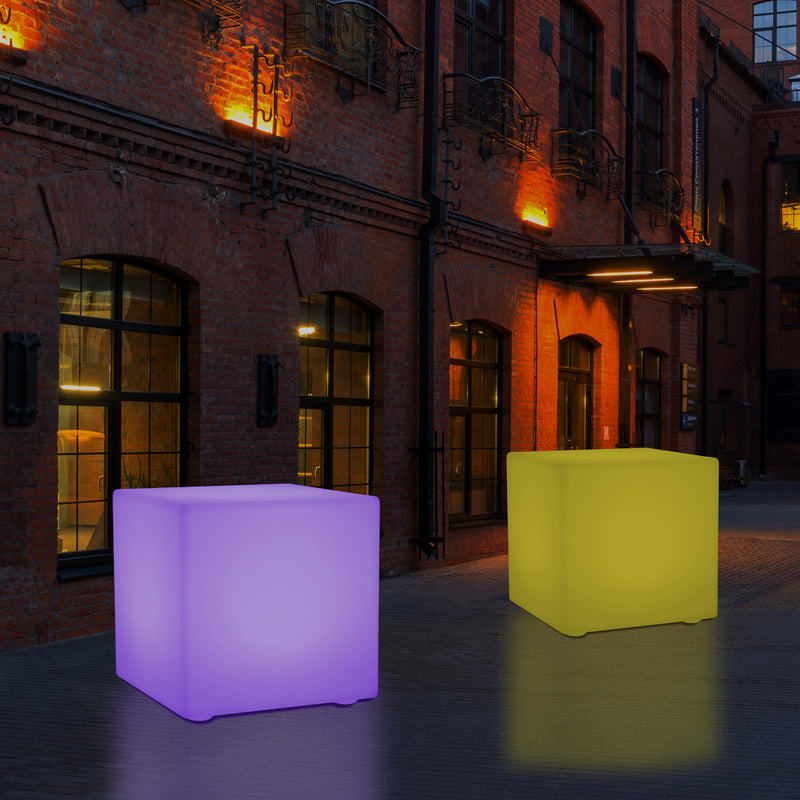 Mains Powered Garden Outdoor 60cm Cube, Illuminated Stool Seat Table Furniture, RGB