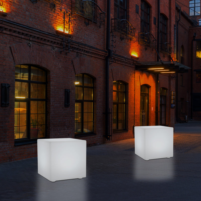 Outdoor LED Cube Stool Seat, Mains Powered Garden Floor Lamp, Multi Colour, 400 x 400 mm