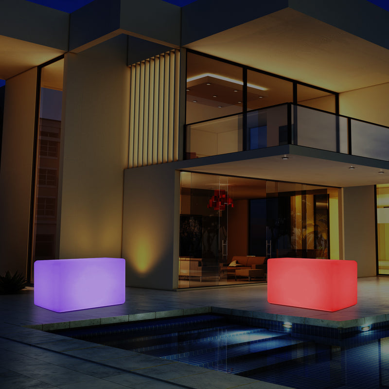 External Garden Patio Bench Light, Illuminated LED Stool Seating, Mains Powered, 55x35 cm
