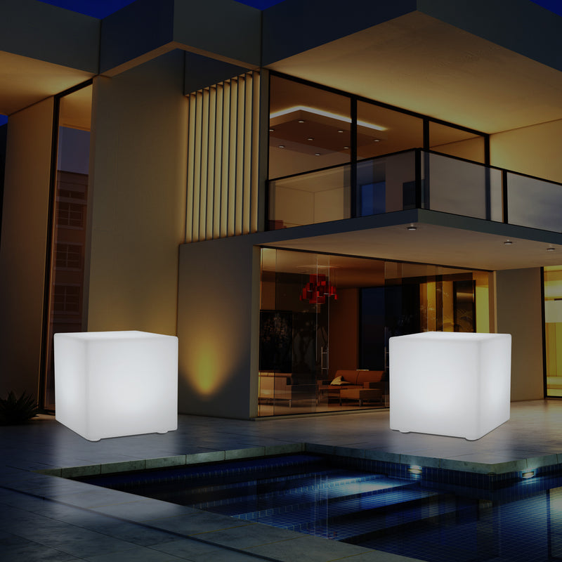 Mains Powered Garden Outdoor 60cm Cube, Illuminated Stool Seat Table Furniture, RGB