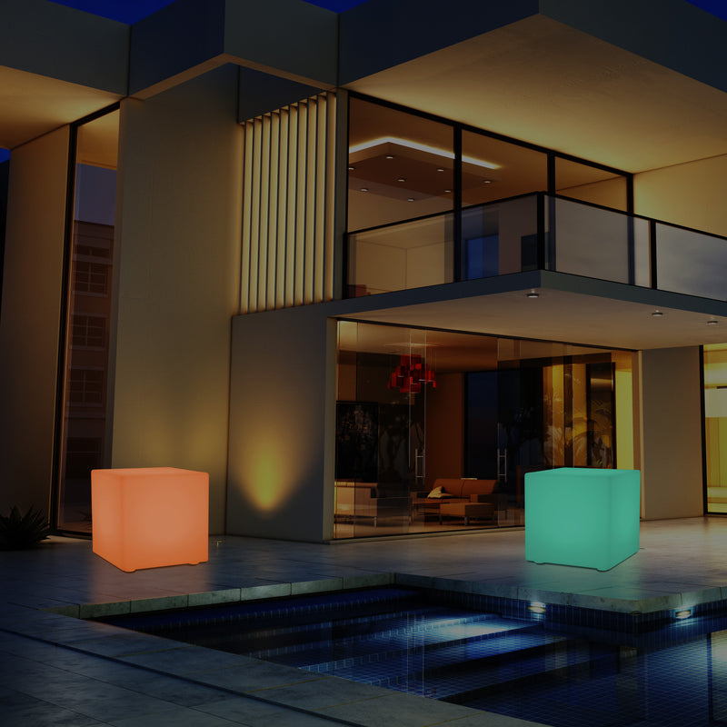 Outdoor LED Cube Stool Seat, Mains Powered Garden Floor Lamp, Multi Colour, 400 x 400 mm