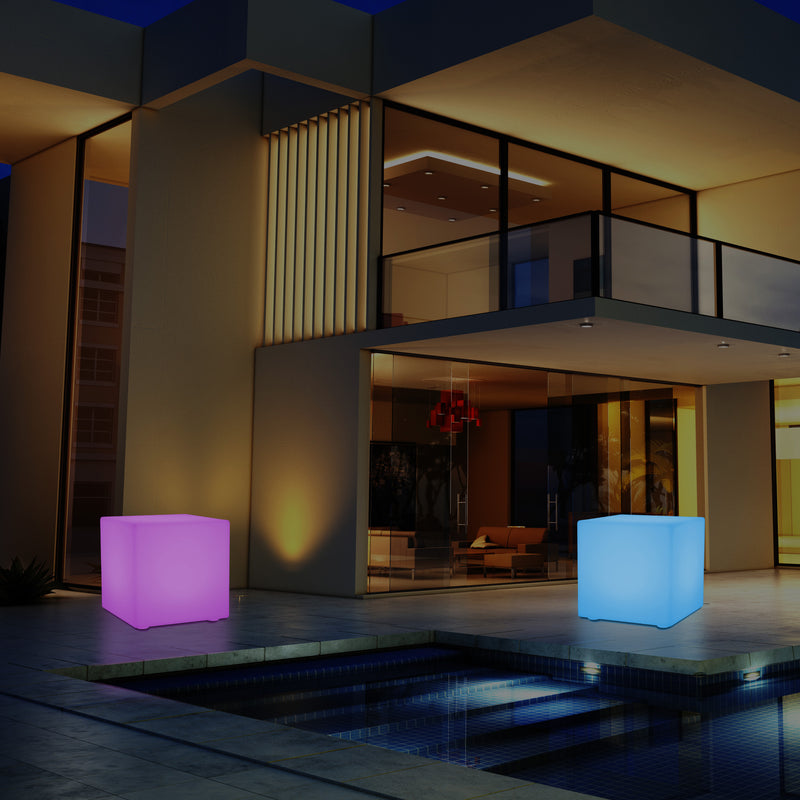 50cm External Garden LED Cube Seat Stool Light, 500mm Mains Operated 5V Patio Floor Lamp