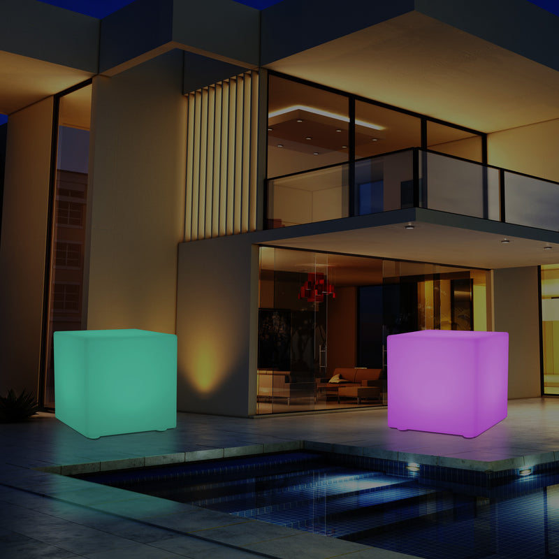 Mains Powered Garden Outdoor 60cm Cube, Illuminated Stool Seat Table Furniture, RGB