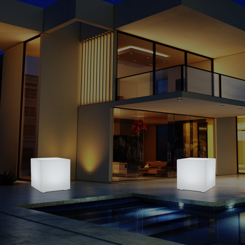Outdoor LED Cube Stool Seat, Mains Powered Garden Floor Lamp, Multi Colour, 400 x 400 mm