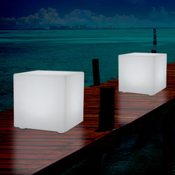 Mains Powered Garden Outdoor 60cm Cube, Illuminated Stool Seat Table Furniture, RGB