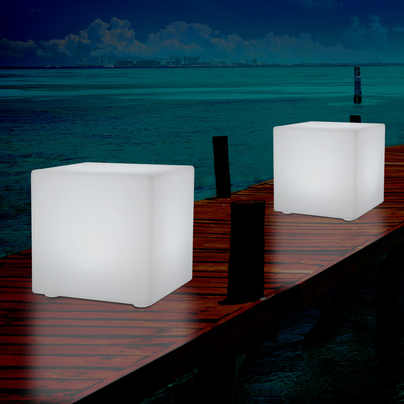 Mains Powered Garden Outdoor 60cm Cube, Illuminated Stool Seat Table Furniture, RGB