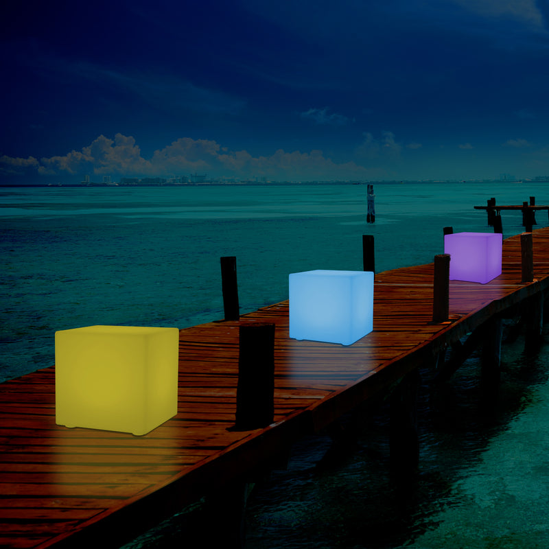 Outdoor LED Cube Stool Seat, Mains Powered Garden Floor Lamp, Multi Colour, 400 x 400 mm