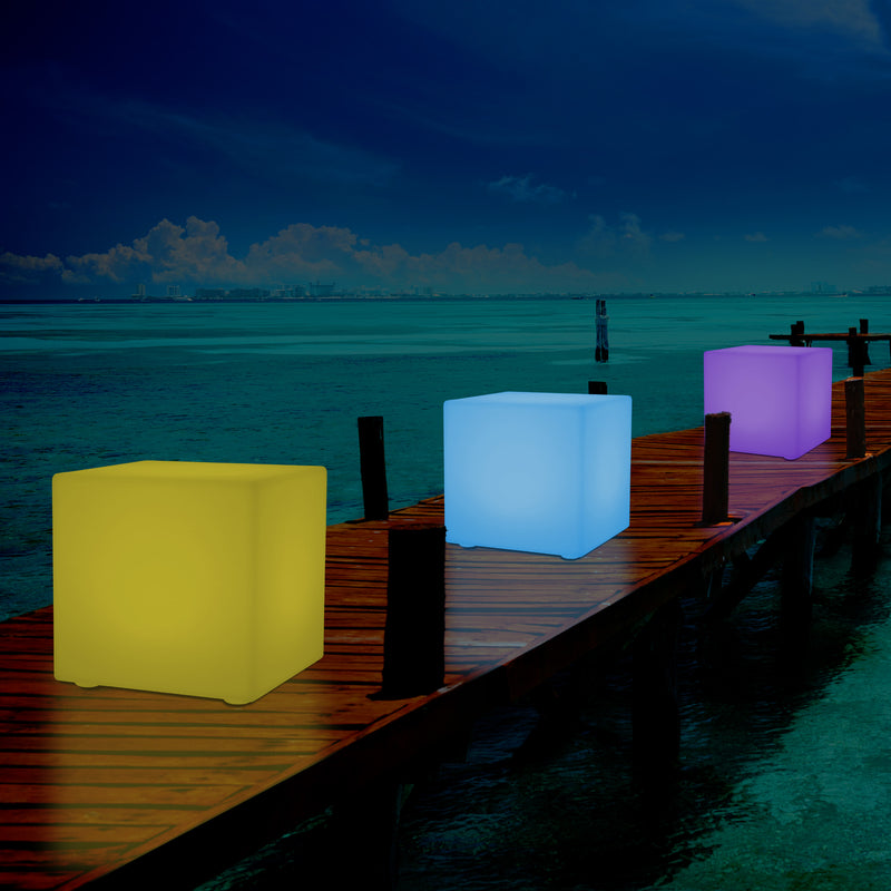 Mains Powered Garden Outdoor 60cm Cube, Illuminated Stool Seat Table Furniture, RGB