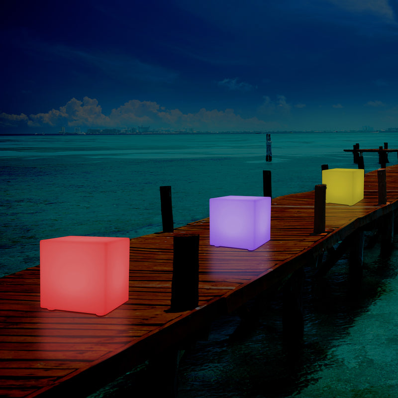 50cm External Garden LED Cube Seat Stool Light, 500mm Mains Operated 5V Patio Floor Lamp