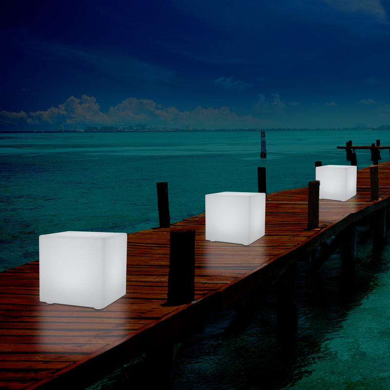 Outdoor LED Cube Stool Seat, Mains Powered Garden Floor Lamp, Multi Colour, 400 x 400 mm