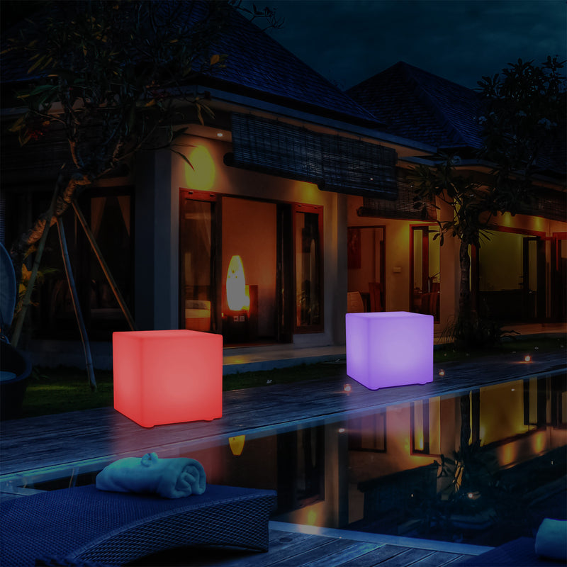 Outdoor Mains Operated Garden Light, 30cm Colour Changing LED Cube Balcony Terrace Lamp
